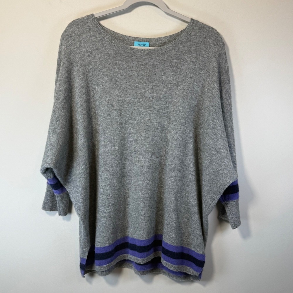 Two Bees Wool Cashmere Sweater Women OS Gray Dolman Striped Trim Luxury Preppy
